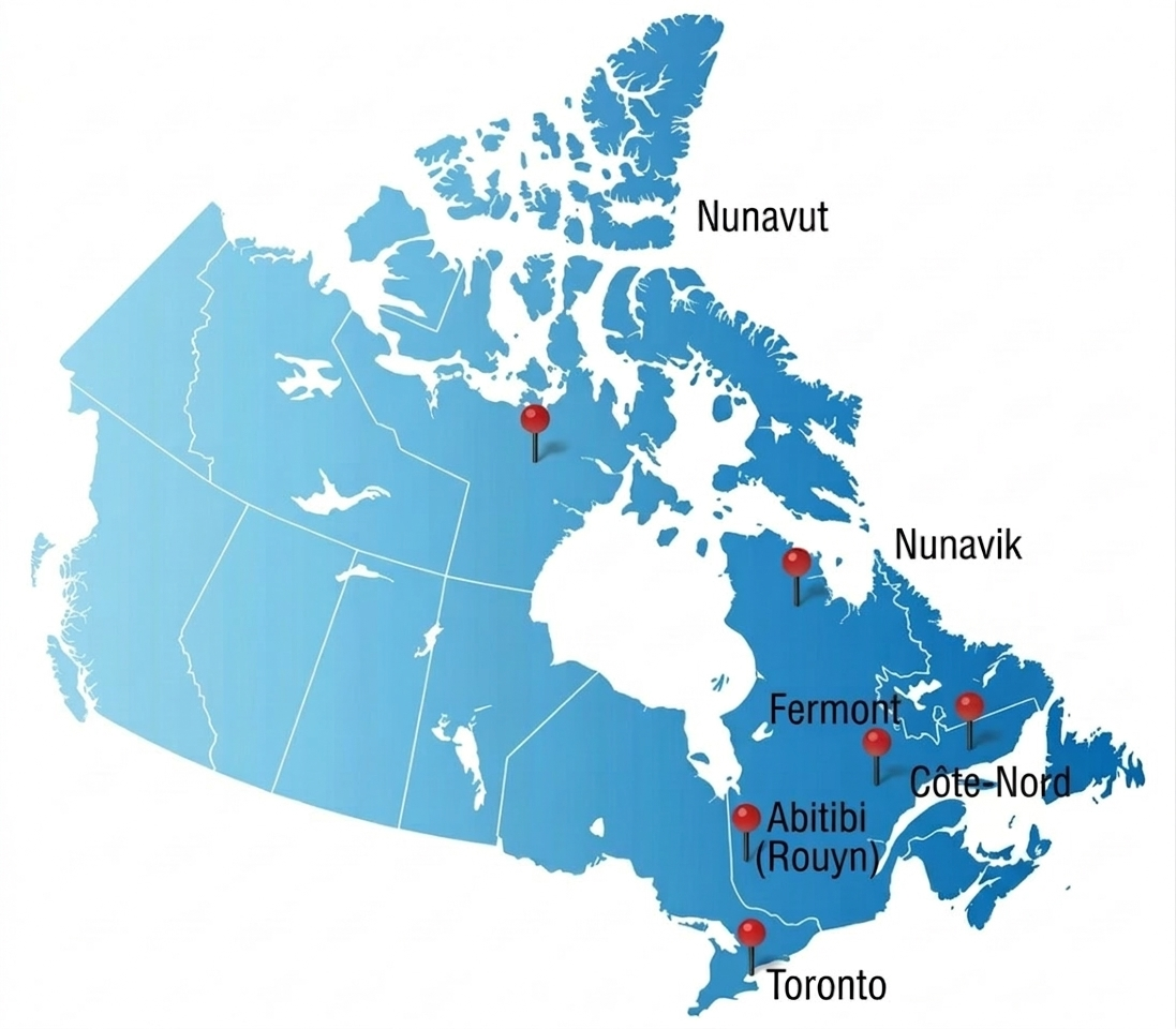 Carte des opérations ISL Contrôle avec repères sur Fermont, Côte-Nord, Abitibi et Toronto