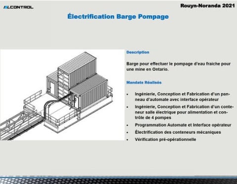 Pumping barge electrification — electrical containers and PLC panel (Rouyn‑Noranda, 2021)