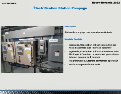 Pumping station electrification — PLC panel and electrical room for 2 pumps (Rouyn‑Noranda, 2022)